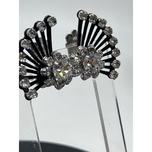Coro Vintage Signed Rhinestone Clip-On Fan Silver Tone Black Crystal Earrings - Picture 3 of 16